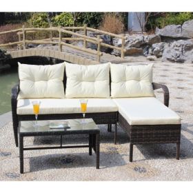 Outdoor patio Furniture sets 3 piece Conversation set wicker Ratten Sectional Sofa With Seat Cushions(Beige Cushion) (Color: Brown)