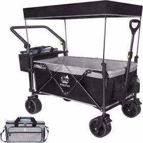 Collapsible Wagon Heavy Duty Folding Wagon Cart with Removable Canopy, 4" Wide Large All Terrain Wheels, Brake, Adjustable Handles (Color: as picture)